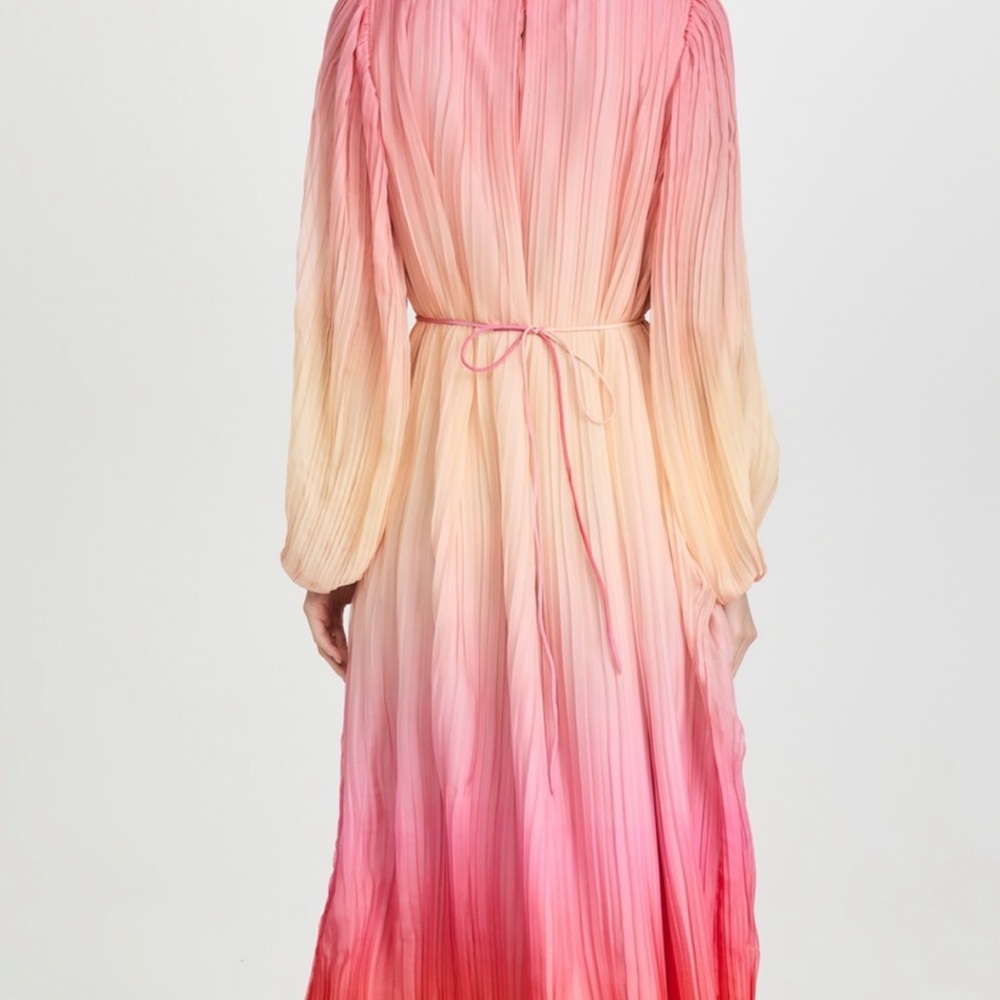 New Something Navy Maxi Dress‎ Pleated Tie Waist Long Sleeve pink combo ombré M - Picture 2 of 15